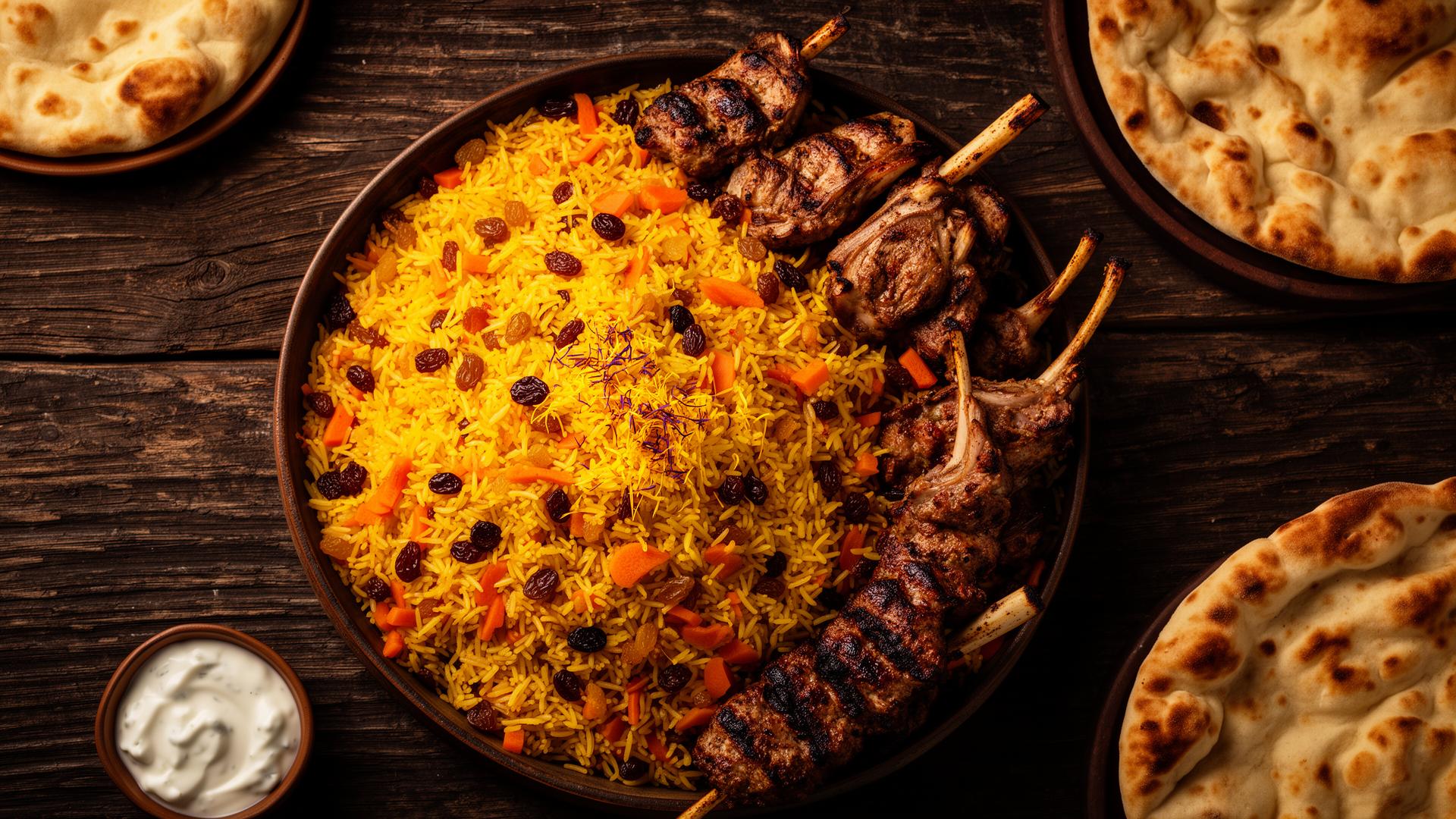 Kabuli pulao platter with charcoal-grilled lamb kebabs